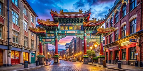 Pagoda Style Gate in Manchester's Chinatown: A Vibrant Cultural Landmark Surrounded by Colorful Lanterns and Intricate Architectural Details, Capturing the Essence of Asian Heritage
