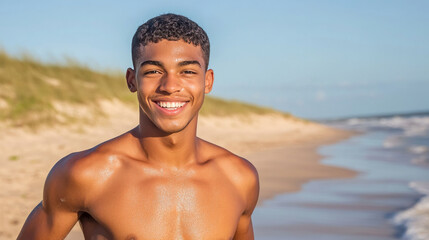 young man with bright smile enjoys sunny day at beach, with waves gently lapping shore and grassy dunes in background