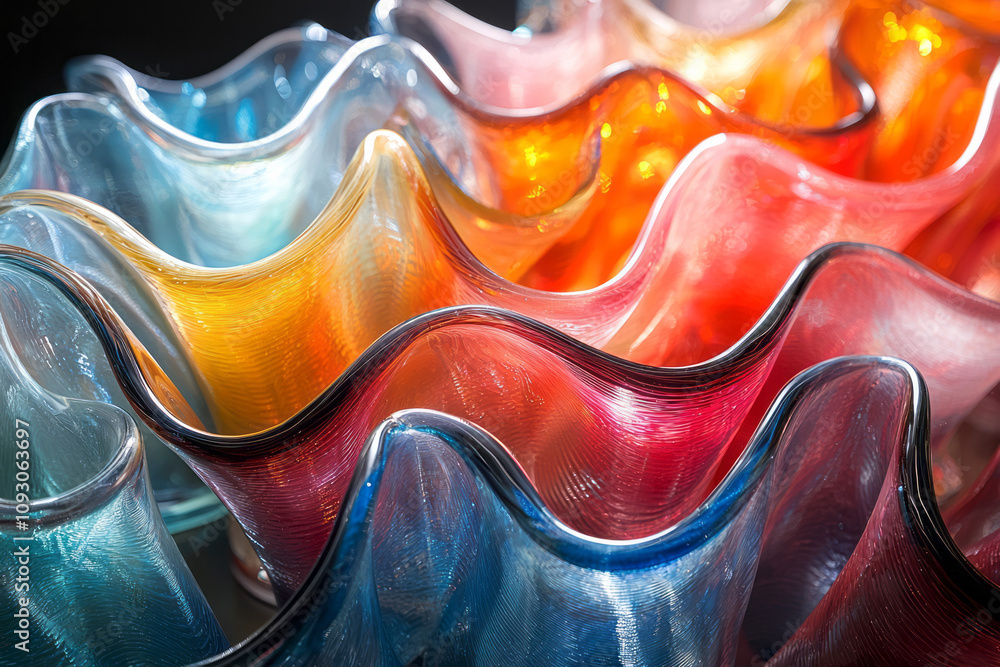Poster a dynamic arrangement of colorful glass forms intertwined with sharp black accents, creating a bold 