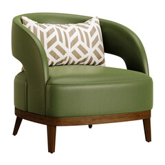 A green chair with a white pillow and a brown pillow