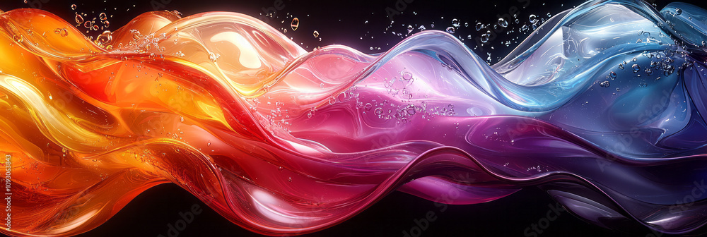 Poster a futuristic composition of flowing colorful glass forms, highlighted by sharp black lines and edges