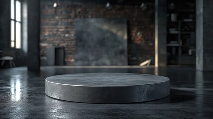 Fototapeta premium Sleek Round Concrete Platform in Modern Industrial Studio with Exposed Brick Walls and Soft Lighting, Ideal for Showcasing Products or Artworks in a Contemporary Setting
