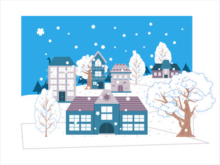 Villages winter season snowy town countryside downtown houses apartment resort nature scene forest snowflakes traditional buildings architecture wallpaper pattern colorful icon set design collection