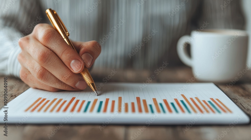 Poster detailed analytics review: professional hand analyzing data charts with golden pen over notepad whil