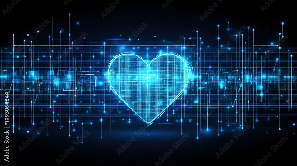 Poster a digital heart symbol surrounded by glowing, futuristic data patterns representing love and technol