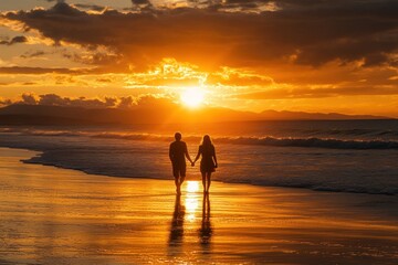 Fototapeta premium Couple Walking Hand In Hand At Sunset Beach