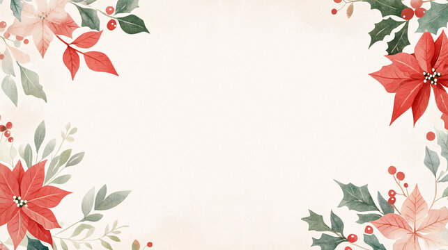 A charming watercolor template for a holiday greeting card featuring delicately painted snowflakes, poinsettias, and holly leaves. The central blank space is bordered by vibrant reds, greens, and