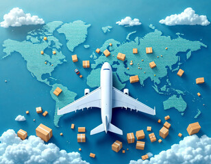 Packed goods and global trade shown with airplane and world map
