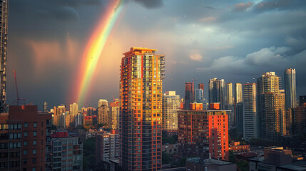 Fototapeta premium Stunning Urban Skyline with Vibrant Rainbow Over Modern Cityscape at Sunset