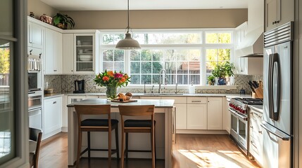 Fototapeta premium Modern Kitchen with White Cabinets and Large Window