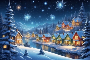 Fototapeta premium Snowy Night Scene Featuring Cute Houses and Christmas Trees