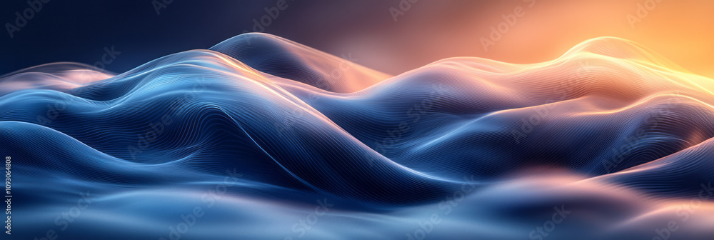 Poster flowing abstract blue and black curves with smooth transitions, set against a backdrop of gradient l
