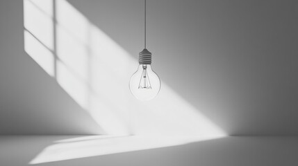 A light bulb with visible filament, hanging from a wire, sharply contrasted against a smooth white surface