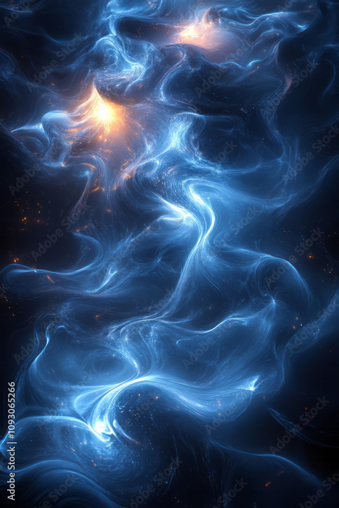 Poster a captivating scene of blue and black fluid shapes merging and diverging, illuminated by a gradient 