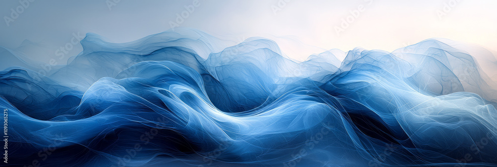 Poster abstract blue and black curved forms arranged in a harmonious pattern, with gradient light softly tr