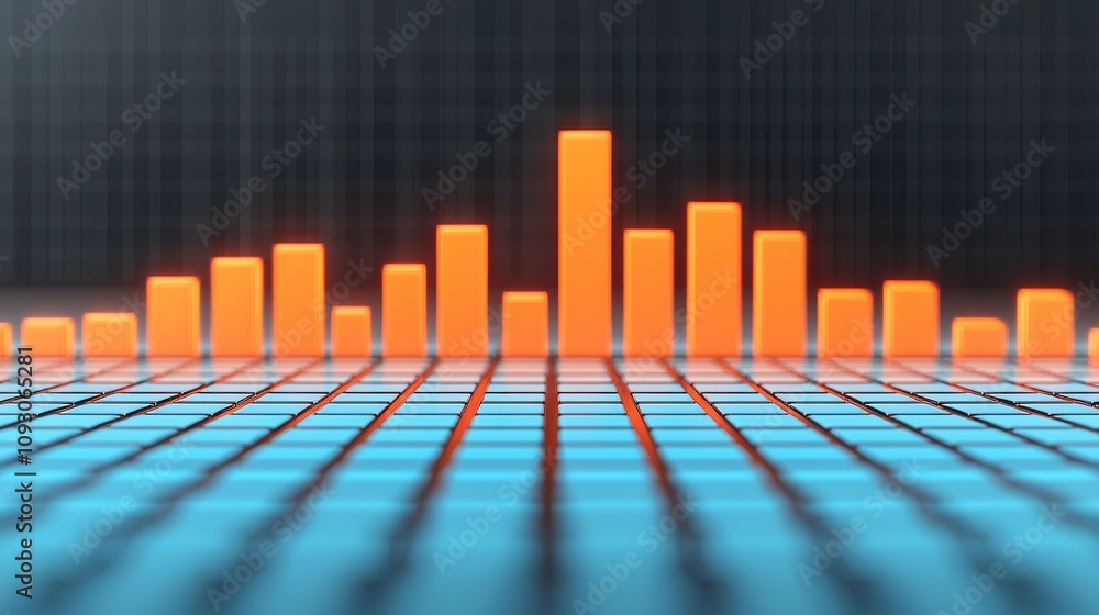 Poster vibrant audio visualization with orange bars and blue grid background depicting sound levels and fre