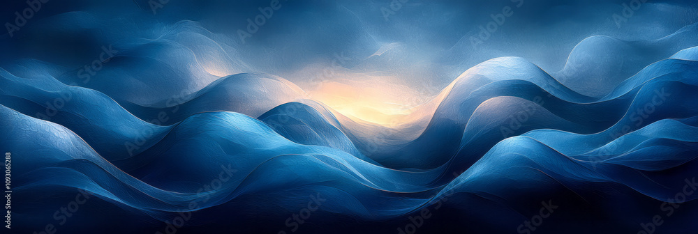 Poster abstract blue and black curved forms arranged in a harmonious pattern, with gradient light softly tr