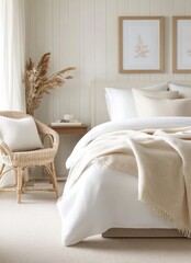 Cozy modern bedroom featuring neutral decor and natural elements