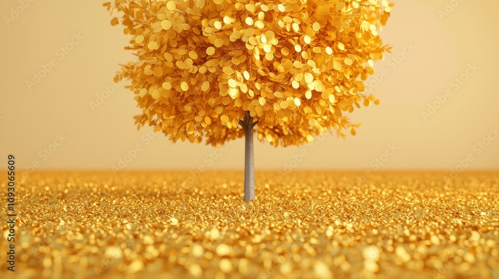 Poster vibrant golden tree with shimmering leaves surrounded by a rich carpet of golden coins reflecting li
