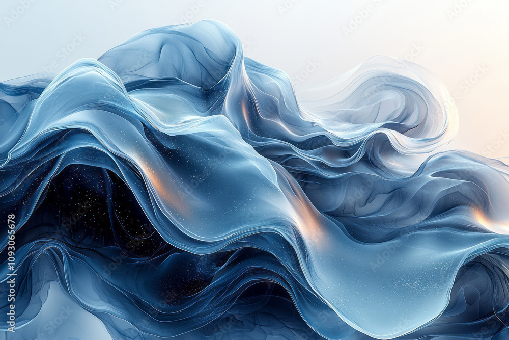 Poster elegant and minimalistic blue and black fluid shapes dancing across a gradient light background, cre