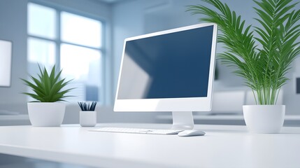 Fototapeta premium Calming minimalist workspace with green plants, inspiring a focus on mental clarity