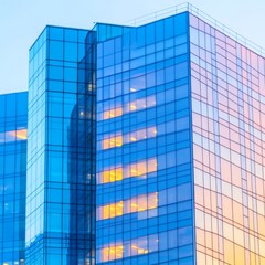 Modern glass skyscraper at sunset, reflecting warm light.