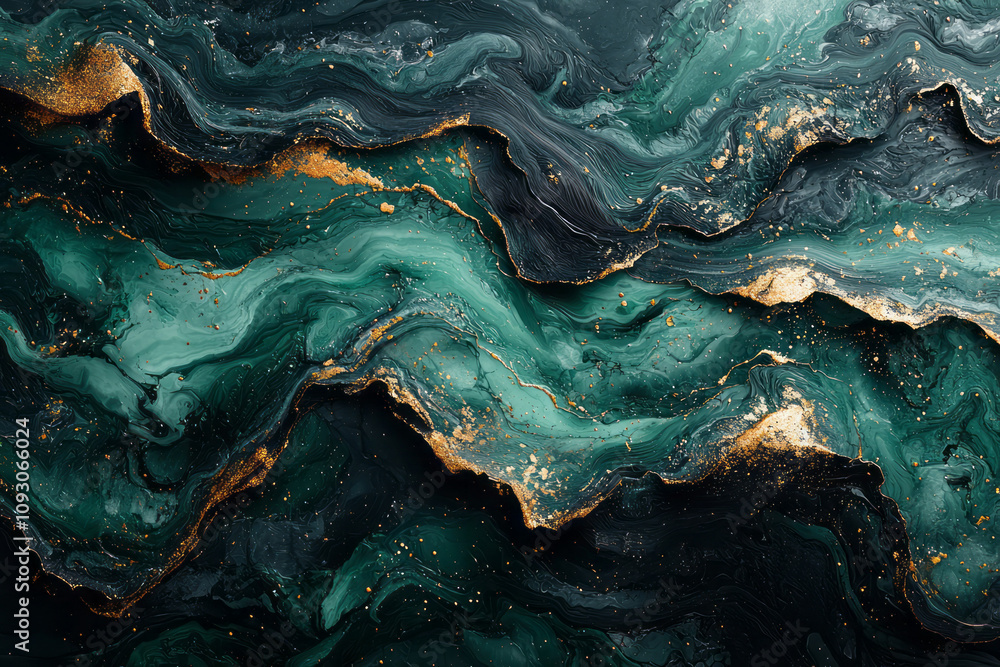 Poster a mesmerizing abstract composition featuring flowing dark green and black fluid shapes intertwined w