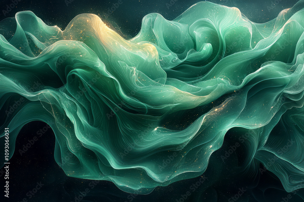 Poster a mesmerizing abstract composition featuring flowing dark green and black fluid shapes intertwined w