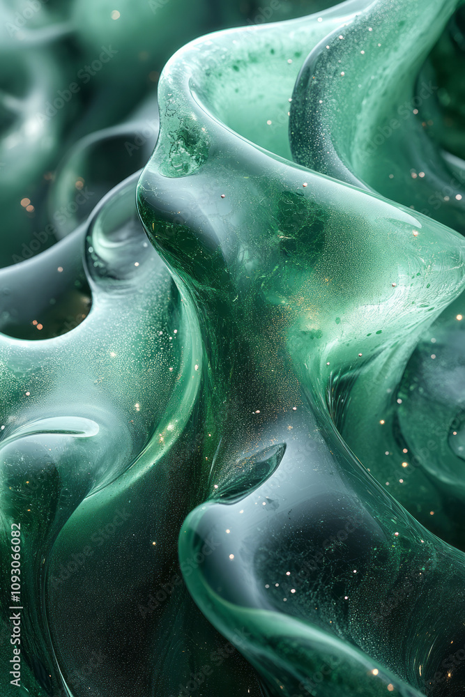 Poster dynamic swirls of deep green and black liquid forms blending seamlessly, accented by gentle highligh