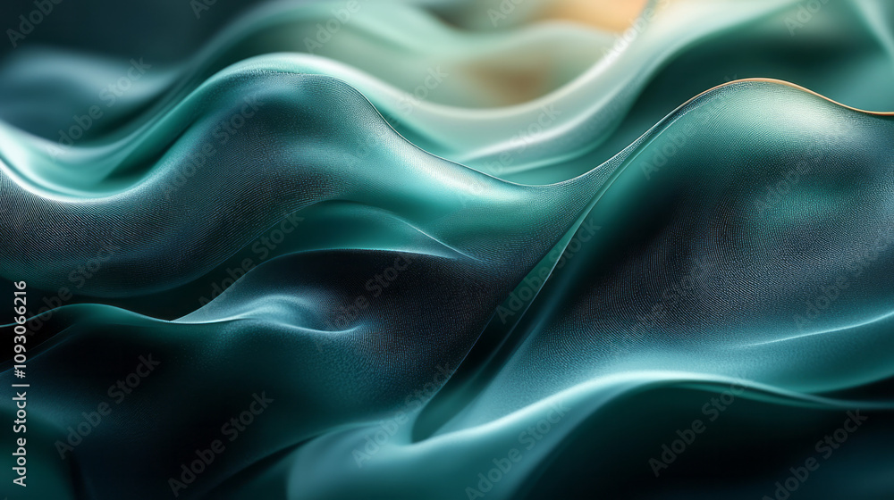 Poster a sophisticated abstract design showcasing overlapping dark green and black fluid forms with delicat