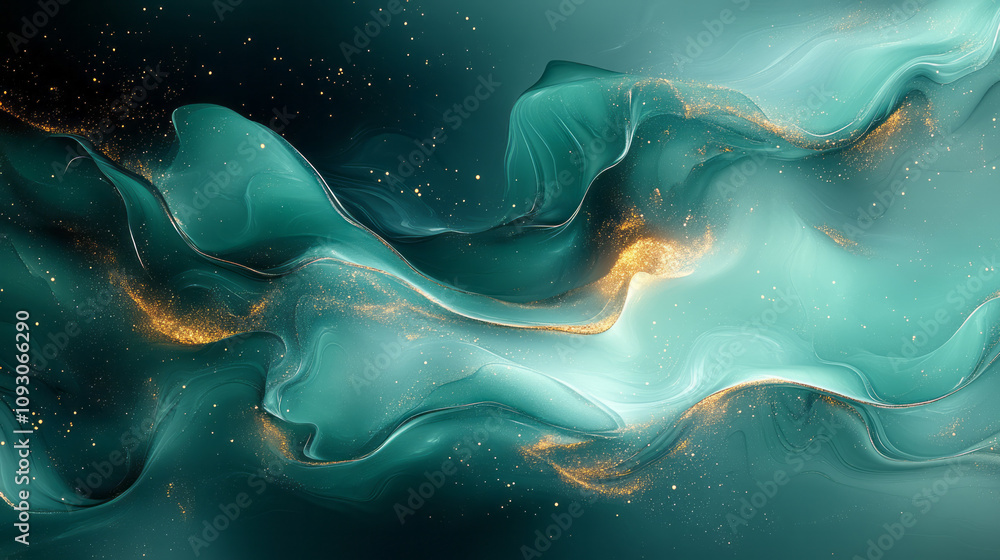Poster a sophisticated abstract design showcasing overlapping dark green and black fluid forms with delicat