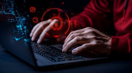 Individual typing on a keyboard with a futuristic AI assistant interface overlay