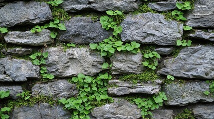 A rustic stone wall adorned with lush green foliage and patches of moss, creating a harmonious blend of natural textures and colors, perfect for eco-friendly themes.
