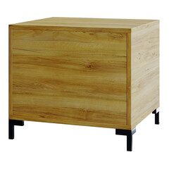 A wooden box with a brown finish sits on a white background