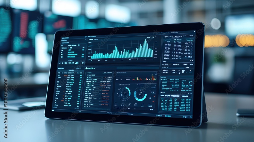 Poster modern tablet displaying financial data and analytics in a bright office environment with graphs, ch