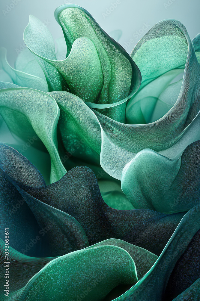 Poster an intricate abstract design of flowing dark green and black fluid forms, with soft highlights enhan