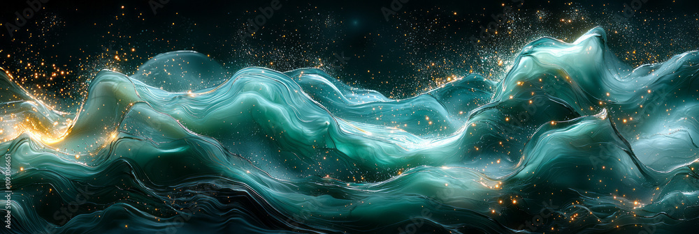 Poster a harmonious blend of dark green and black fluid shapes in an abstract arrangement, accented by subt