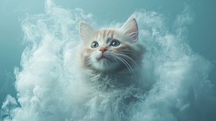 A Fluffy Ginger Kitten Surrounded by Soft White Clouds in a Dreamlike Atmosphere Capturing Its Innocent and Playful Nature with a Touch of Mystique