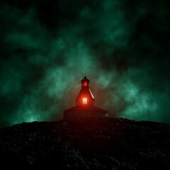 Mysterious house on a hill at night, glowing window.
