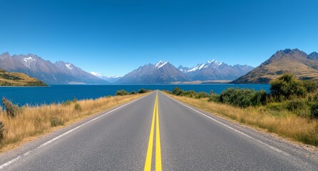 Naklejka premium Scenic highway along Lake Atitlan with mountains under clear blue sky in Guatemala