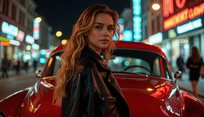 a portrait of a young woman standing in front of a red vintage car on a busy street at night. The woman is wearing a black leather jacket and has long blonde hair that is styled in loose waves