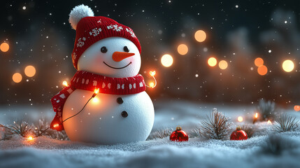 Fototapeta premium Illustration of snowman in scarf and hat, character, mascot, banner with copy space, Happy New Year and Merry Christmas