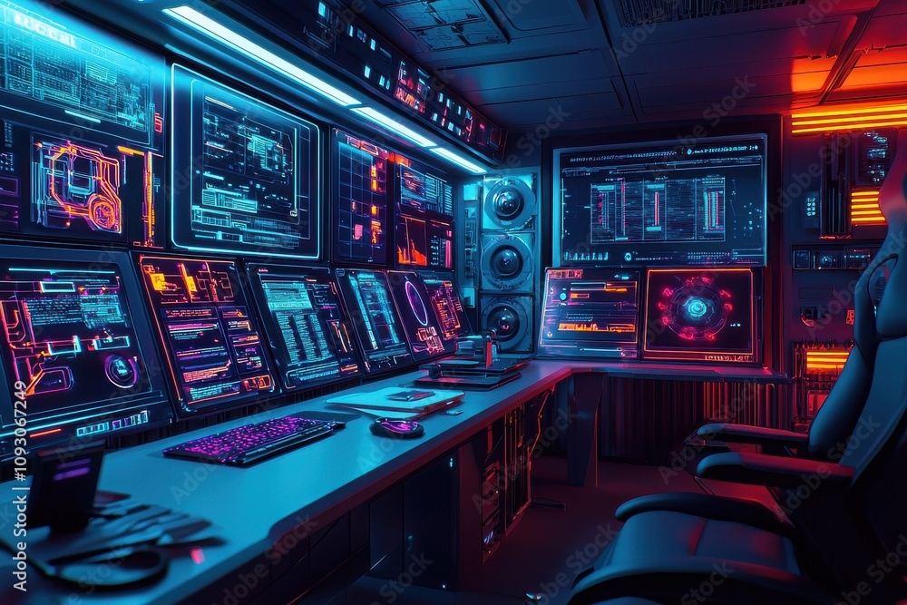 Poster futuristic neonlit study platform featuring floating displays high-tech workspace sleek environment 