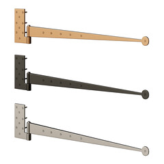 Three different colored metal hinges are shown in a row