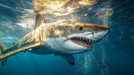 Naklejka premium Giant great white shark underwater in the deep sea