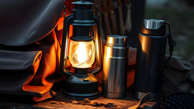 A vintage lantern glowing softly, placed beside an old leather backpack and a thermos. Generative AI