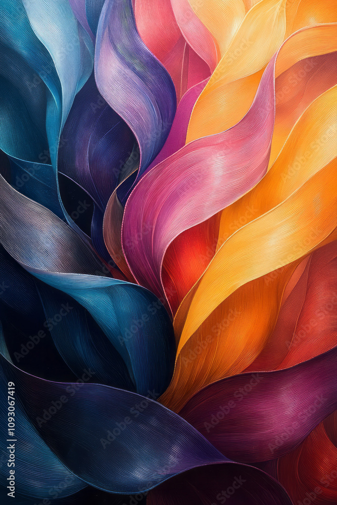 Poster a vibrant explosion of rainbow-colored curved ribbons, layered and overlapping to create a rich and 