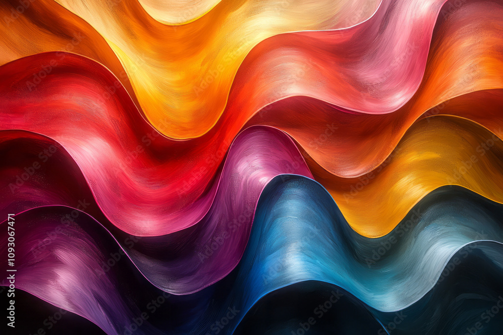 Poster a harmonious blend of curved ribbons in vivid rainbow colors, creating an abstract masterpiece that 