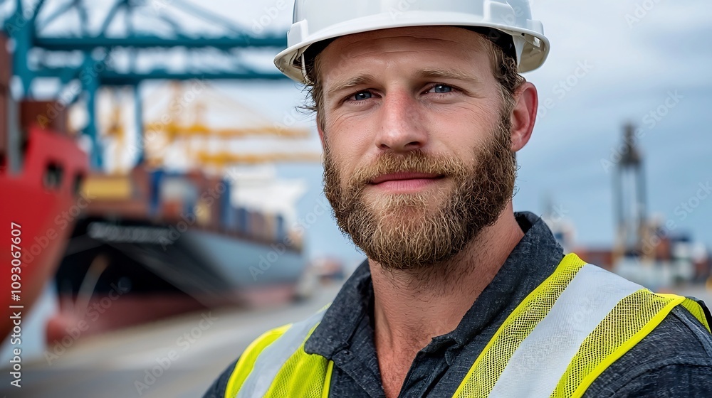 Poster port engineer dressed in hard hat and safety vest closely inspecting a massive cargo ship docked at 