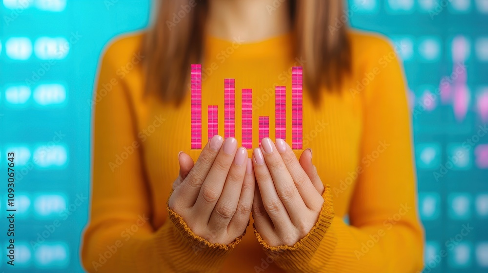 Poster businesswoman holding colorful bar graph representing data analysis and growth in front of blurred f